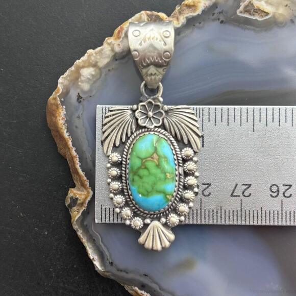Sterling Southwestern Style Oval Sonora Gold Turquoise Leaves Decorated Pendant - Picture 9 of 10